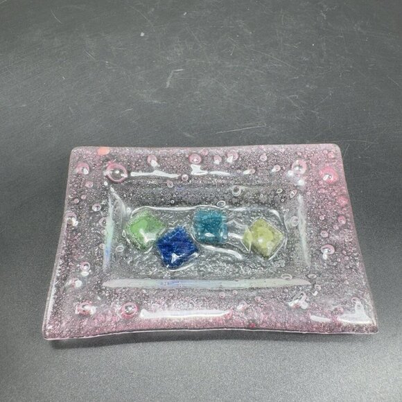 Vintage Hand Made Rectangular Trinket Dish Holder Container Plate Pink Bubbles - Picture 1 of 12